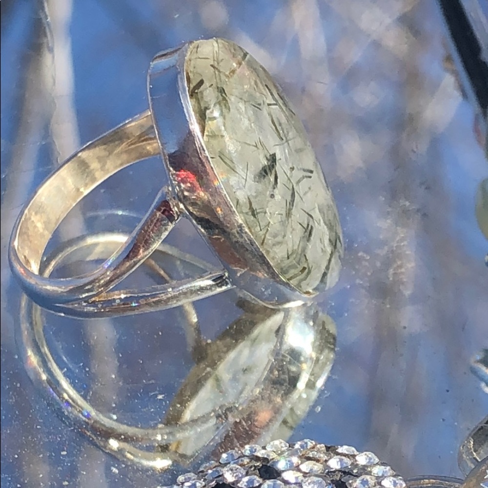 BOUTIQUE GREEN RUTILE IN QUARTZ 925 SILVER RING 7 - Picture 4 of 12